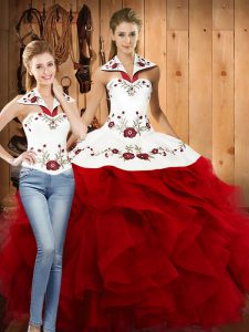 Wine Red Two Pieces Embroidery and Ruffles Quinceanera Gown Lace Up Satin and Organza Sleeveless Floor Length