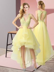 Fitting Yellow A-line V-neck Sleeveless Tulle High Low Backless Beading and Lace Wedding Party Dress