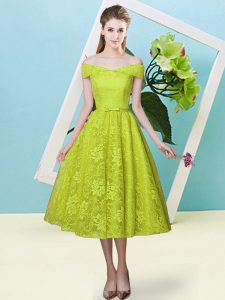Off The Shoulder Cap Sleeves Quinceanera Court of Honor Dress Tea Length Bowknot Olive Green Lace