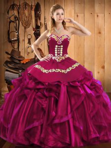 Fantastic Embroidery and Ruffles Sweet 16 Quinceanera Dress Fuchsia Lace Up Sleeveless Floor Length