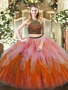 Pretty Tulle Sleeveless Floor Length 15 Quinceanera Dress and Beading and Ruffles
