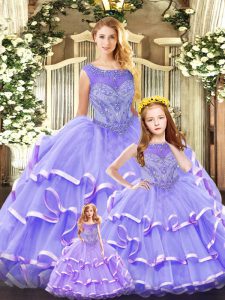 Sleeveless Organza Floor Length Lace Up Quinceanera Gowns in Lavender with Beading and Ruffled Layers