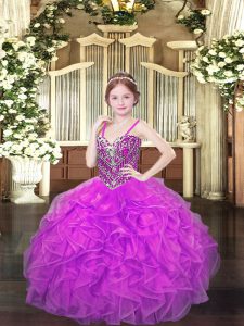 Beauteous Organza Spaghetti Straps Sleeveless Lace Up Beading and Ruffles Glitz Pageant Dress in Lilac
