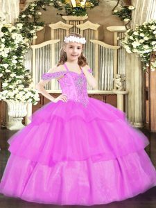 Lilac Ball Gowns Off The Shoulder Sleeveless Organza Floor Length Lace Up Beading and Ruffled Layers Pageant Dress for Teens