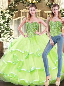 Yellow Green Two Pieces Organza Sweetheart Sleeveless Beading and Ruffled Layers Floor Length Lace Up Sweet 16 Dress