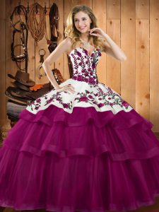 Organza Sweetheart Sleeveless Lace Up Embroidery Sweet 16 Dress in Fuchsia