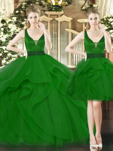 Popular Floor Length Lace Up Sweet 16 Quinceanera Dress Green for Military Ball and Sweet 16 and Quinceanera with Beading and Ruffles