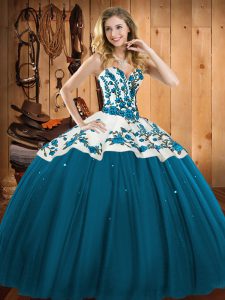 New Style Teal Sleeveless Satin and Tulle Lace Up 15 Quinceanera Dress for Military Ball and Sweet 16 and Quinceanera