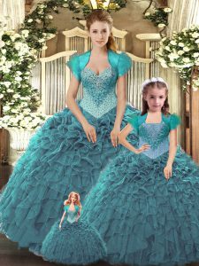Exceptional Sleeveless Floor Length Beading and Ruffles Lace Up Quinceanera Dresses with Teal