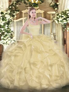 Traditional Ball Gowns 15 Quinceanera Dress Gold Straps Organza Sleeveless Floor Length Zipper