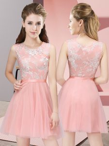 Wonderful Baby Pink Tulle Side Zipper Bridesmaids Dress Sleeveless Mini Length Lace