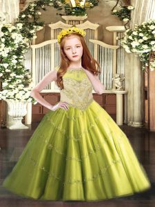 Modern Tulle Scoop Sleeveless Zipper Beading and Appliques Winning Pageant Gowns in Olive Green