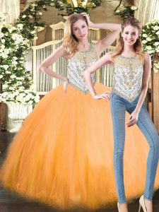 Flare Orange Red 15th Birthday Dress Military Ball and Sweet 16 and Quinceanera with Beading Scoop Sleeveless Zipper