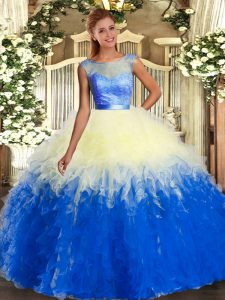 Top Selling Multi-color Scoop Neckline Lace and Ruffles Vestidos de Quinceanera Sleeveless Backless