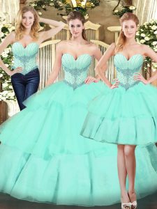Hot Sale Apple Green Sleeveless Floor Length Beading and Ruffled Layers Lace Up Quinceanera Dress