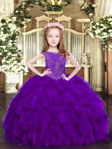 Scoop Sleeveless Pageant Gowns For Girls Floor Length Beading and Ruffles Purple Organza