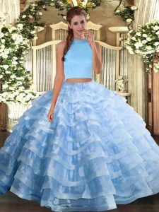 Inexpensive Halter Top Sleeveless Organza Quinceanera Gown Beading and Ruffled Layers Backless