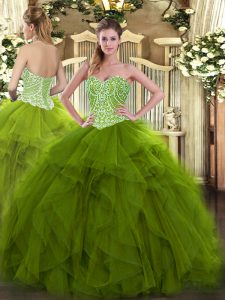 Sumptuous Olive Green Lace Up 15 Quinceanera Dress Beading and Ruffles Sleeveless Floor Length