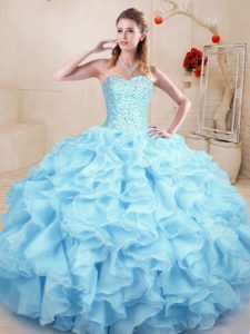Cheap Light Blue Ball Gowns Ruffles Sweet 16 Quinceanera Dress Lace Up Organza Sleeveless Floor Length