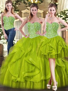 Dynamic Floor Length Olive Green Quinceanera Dress Organza Sleeveless Beading and Ruffles