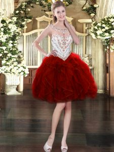 Fitting Wine Red Organza Zipper Prom Gown Sleeveless Mini Length Beading and Ruffles