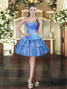 Baby Blue Organza Lace Up Sweetheart Sleeveless Mini Length Prom Party Dress Beading and Ruffled Layers