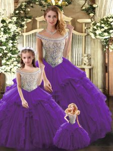 Admirable Sleeveless Floor Length Beading and Ruffles Lace Up Ball Gown Prom Dress with Purple