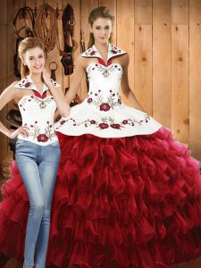 Smart Red Ball Gowns Halter Top Sleeveless Organza Floor Length Lace Up Embroidery and Ruffled Layers Quinceanera Dresses