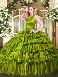 Custom Design Olive Green Ball Gowns Ruffled Layers Quinceanera Dress Clasp Handle Organza Sleeveless Floor Length