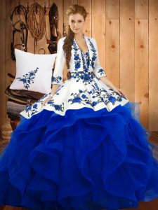 Noble Blue Ball Gowns Sweetheart Sleeveless Satin and Organza Floor Length Lace Up Embroidery Vestidos de Quinceanera
