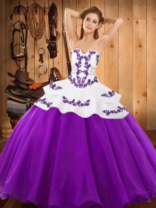 Sexy Eggplant Purple Ball Gowns Satin and Organza Strapless Sleeveless Embroidery Floor Length Lace Up Quinceanera Dress