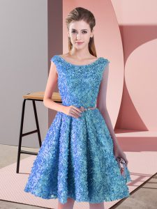 Baby Blue A-line Scoop Sleeveless Lace Knee Length Lace Up Belt Prom Gown