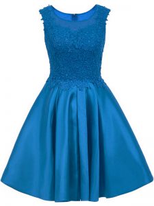 Affordable Blue A-line Satin Scoop Sleeveless Lace Mini Length Zipper Wedding Guest Dresses