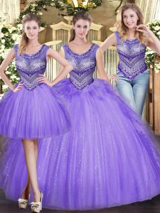 Fashionable Lavender Ball Gowns Scoop Sleeveless Tulle Floor Length Lace Up Beading and Ruffles Vestidos de Quinceanera