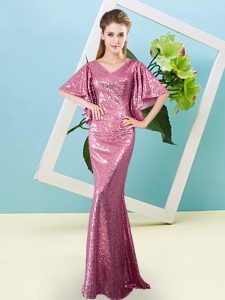 Fitting Sequins Prom Party Dress Pink Zipper Half Sleeves Floor Length