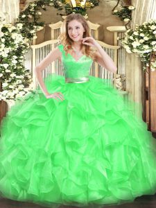 Edgy Green Ball Gowns Beading and Ruffles Quinceanera Gowns Zipper Tulle Sleeveless Floor Length