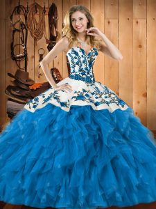 Teal Sweetheart Neckline Embroidery and Ruffles 15th Birthday Dress Sleeveless Lace Up