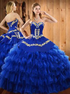 Smart Blue Sweetheart Neckline Embroidery and Ruffled Layers Vestidos de Quinceanera Sleeveless Lace Up