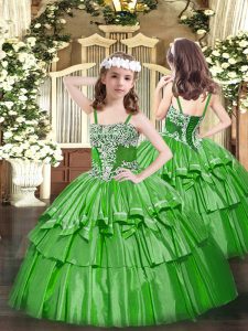 High Class Sleeveless Organza Floor Length Lace Up Girls Pageant Dresses in Green with Appliques and Ruffled Layers