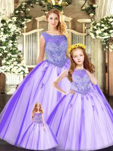 Discount Sleeveless Tulle Floor Length Lace Up 15th Birthday Dress in Eggplant Purple with Beading