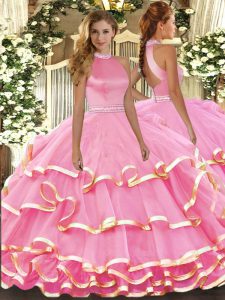 Floor Length Backless Quinceanera Gown Pink for Military Ball and Sweet 16 and Quinceanera with Beading and Ruffled Layers