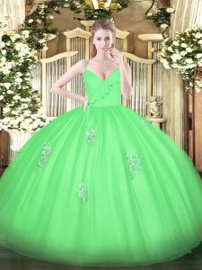 Great Sleeveless Tulle Floor Length Zipper Ball Gown Prom Dress in Green with Appliques