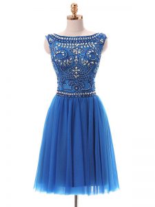 Custom Fit Blue Empire Tulle Bateau Sleeveless Beading Mini Length Zipper Evening Dress