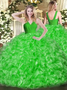 Edgy Green Ball Gowns V-neck Sleeveless Organza Floor Length Zipper Ruffles Quince Ball Gowns