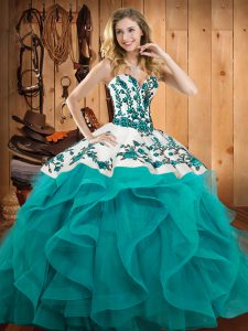 Floor Length Lace Up Sweet 16 Dresses Teal for Military Ball and Sweet 16 and Quinceanera with Embroidery and Ruffles