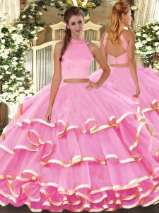 Colorful Halter Top Sleeveless 15 Quinceanera Dress Floor Length Beading and Ruffled Layers Rose Pink Organza