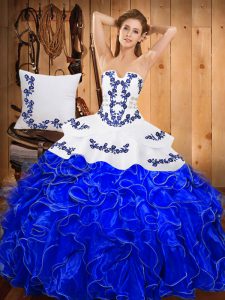 Suitable Blue And White Sleeveless Floor Length Embroidery and Ruffles Lace Up Sweet 16 Quinceanera Dress