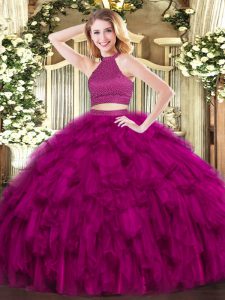 Halter Top Sleeveless Backless 15th Birthday Dress Fuchsia Organza