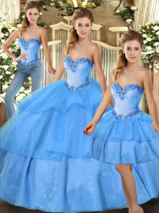 Fine Baby Blue Sleeveless Floor Length Beading and Ruffled Layers Lace Up Vestidos de Quinceanera