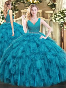 Simple Teal V-neck Neckline Beading and Ruffles Quinceanera Gown Sleeveless Zipper